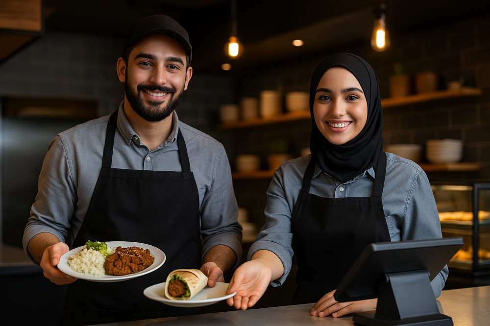 شاب وشابة سعوديان يعملان داخل مطعم عصري، يرتديان زي العمل ويقدمان الطع