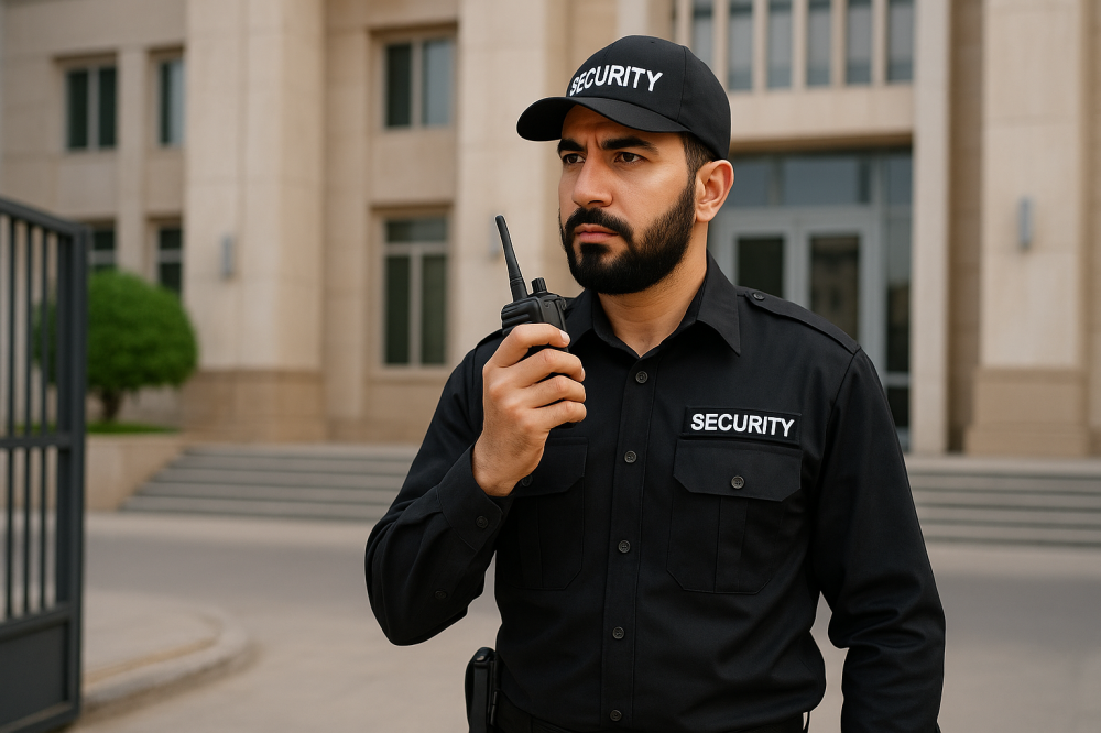 رجل أمن سعودي يقف أمام مبنى رسمي مرتديًا زي الحراسة، ممسكًا بجهاز اتصا