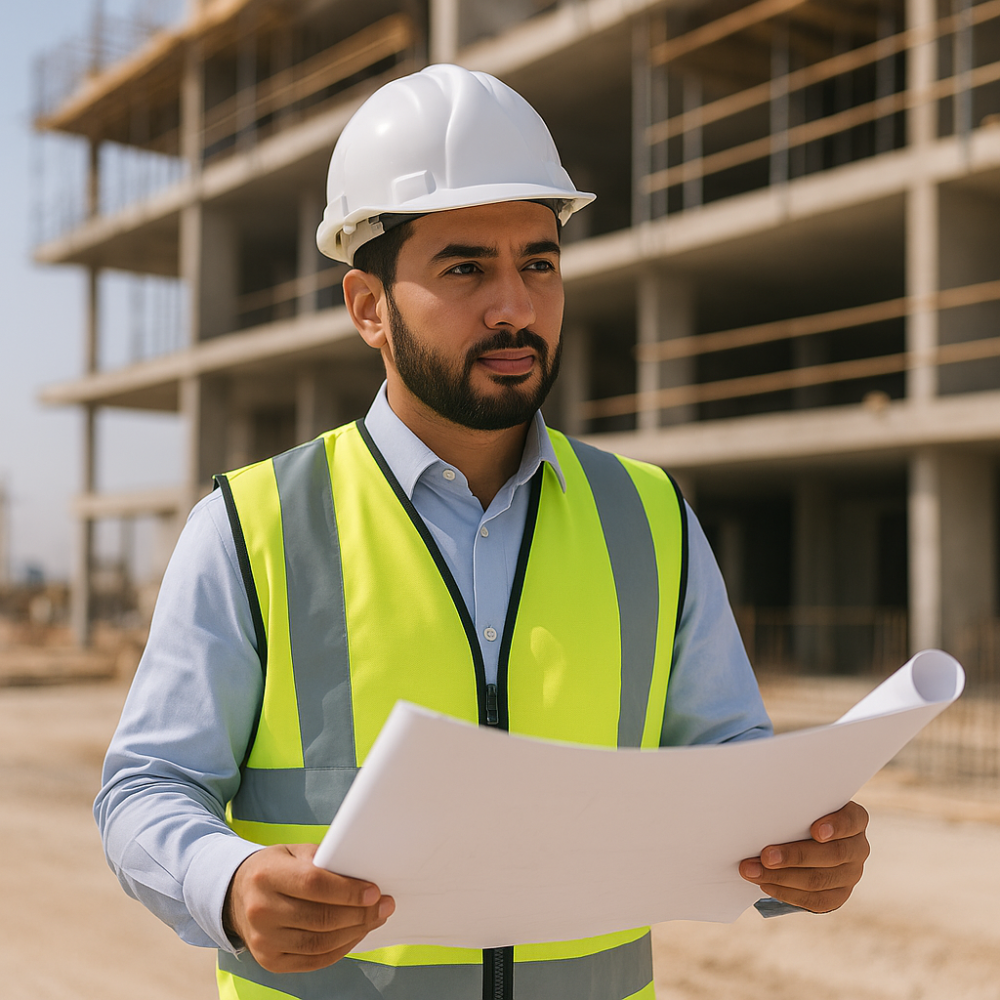 مهندس مدني سعودي يرتدي زي العمل الكامل مع خوذة واقية، يقف في موقع إنشا