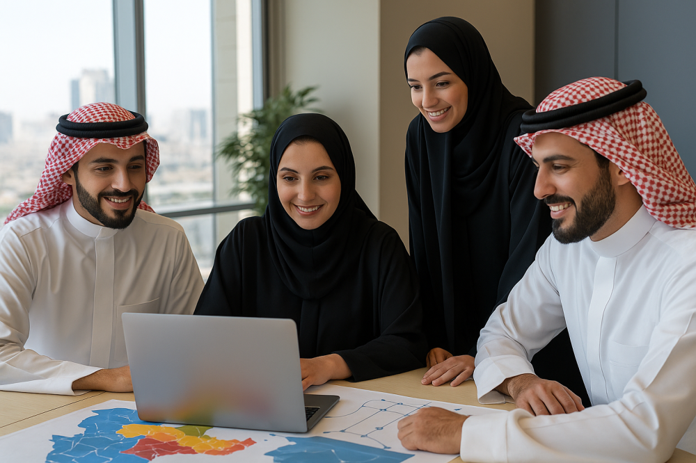 موظفون سعوديون وسعوديات يعملون في بيئة مكتبية حديثة، يتبادلون النقاش ح