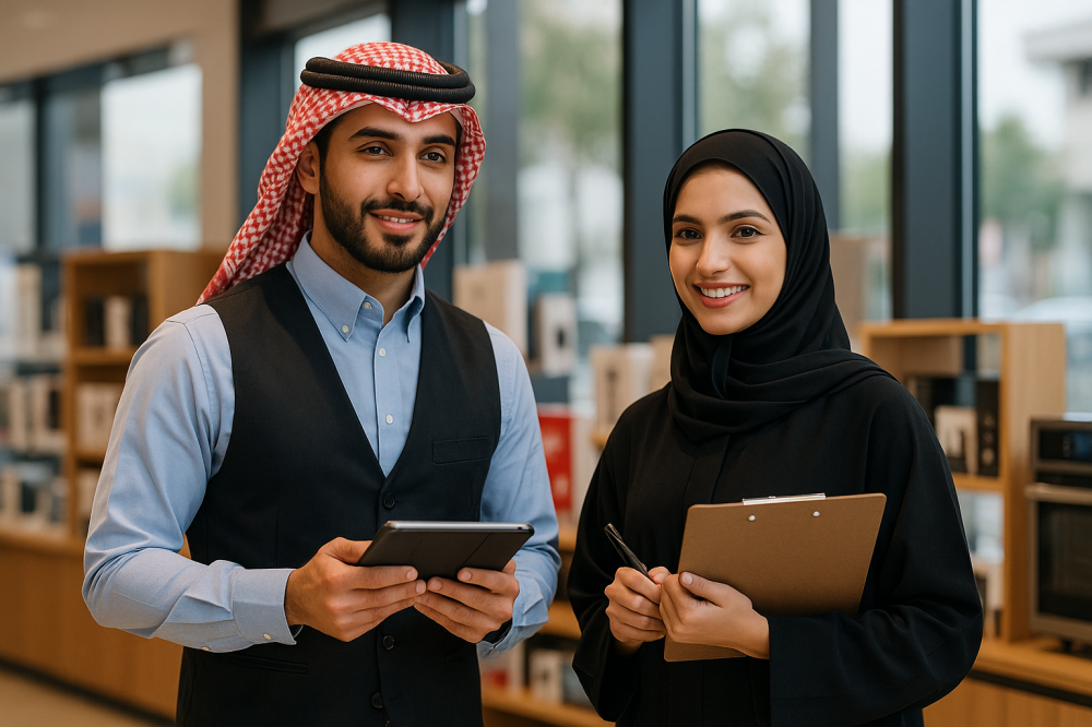 رجل وامرأة سعوديان في زي رسمي يتفاعلان مع العملاء في معرض أو فرع تجاري