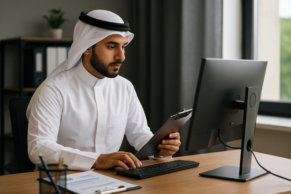 شاب سعودي في زي مكتبي رسمي يعمل على حاسوب مكتبي داخل مكتب أنيق، يراجع