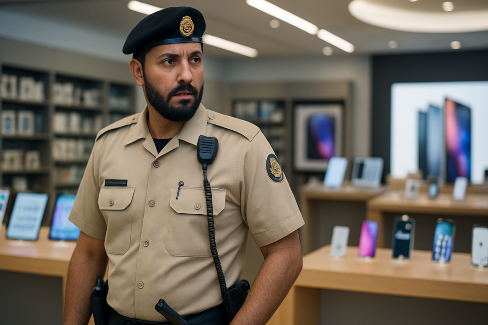 رجل أمن سعودي بزي رسمي يقف داخل متجر إلكترونيات حديث، يتمتع بمظهر احتر