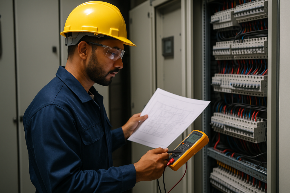 مهندس كهربائي سعودي يرتدي زي الحماية ويعمل داخل موقع هندسي أو مكتبي، ي