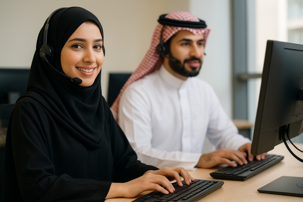 رجل وامرأة سعوديان في مركز اتصال، يجلسان على مكاتب حديثة ويتعاملان مع