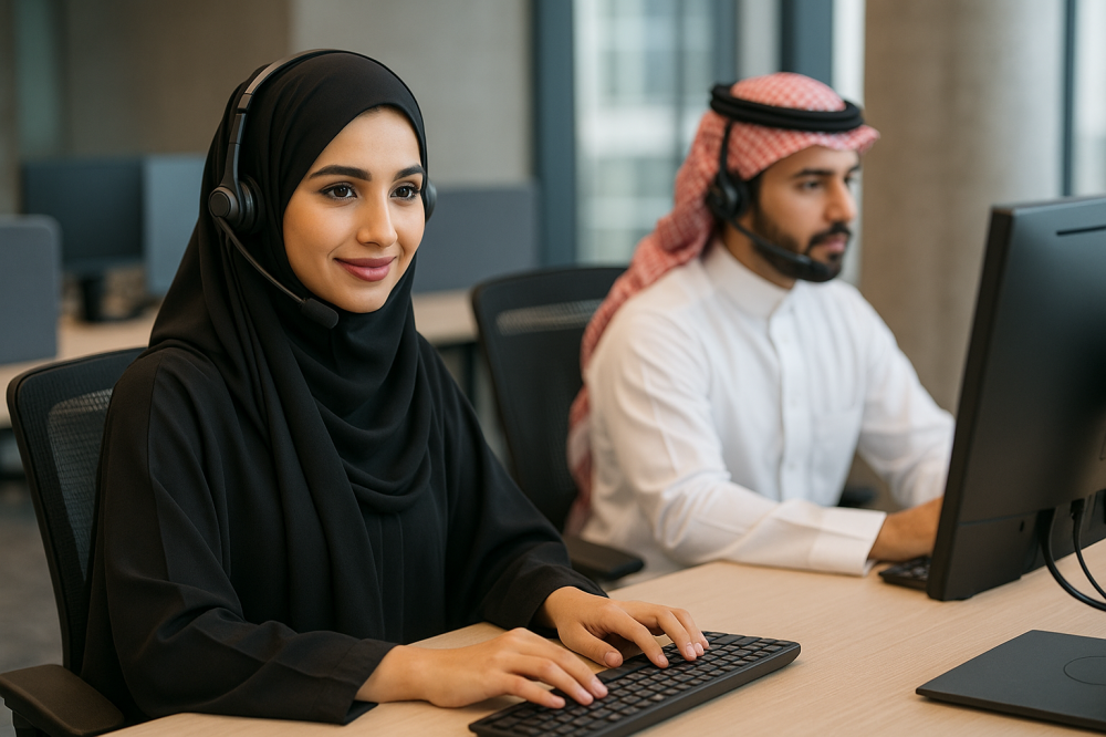 موظف وموظفة سعوديان يرتديان سماعات رأس ويعملان على مكاتب استقبال داخل