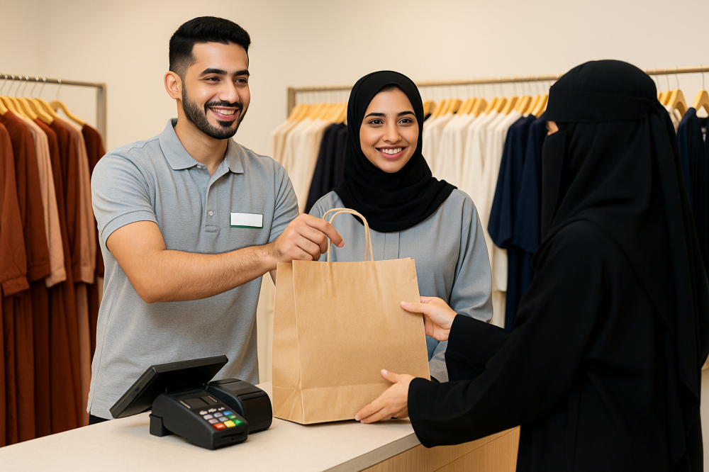 شاب وشابة سعوديان في متجر بيع بالتجزئة يرتديان زي العمل الرسمي ويقدمان