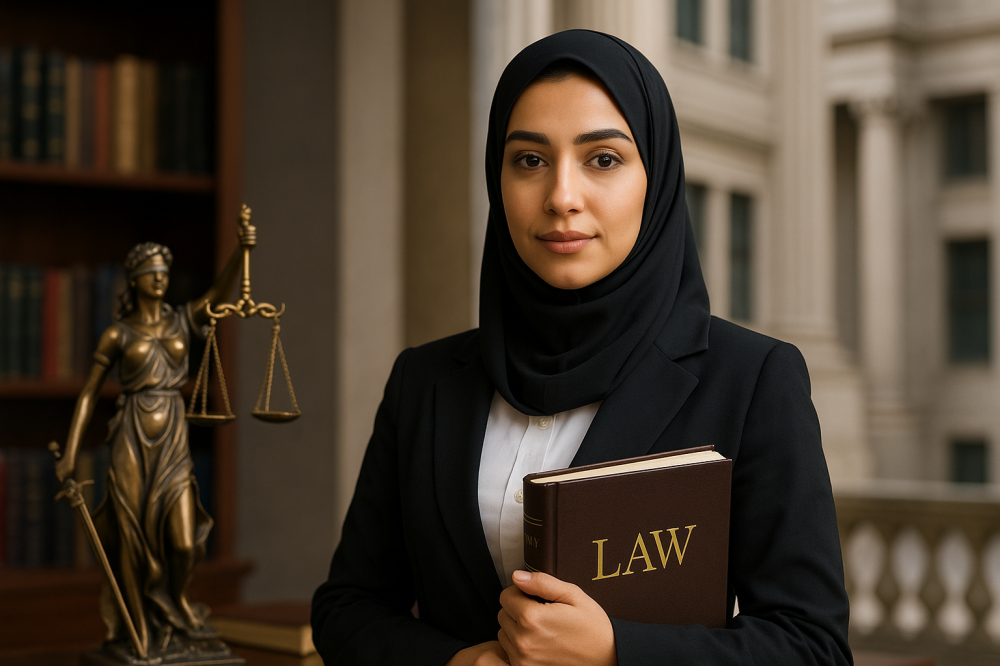 محامية سعودية شابة ترتدي عباءة رسمية وحجاب أنيق، تقف بثقة أمام مبنى مح