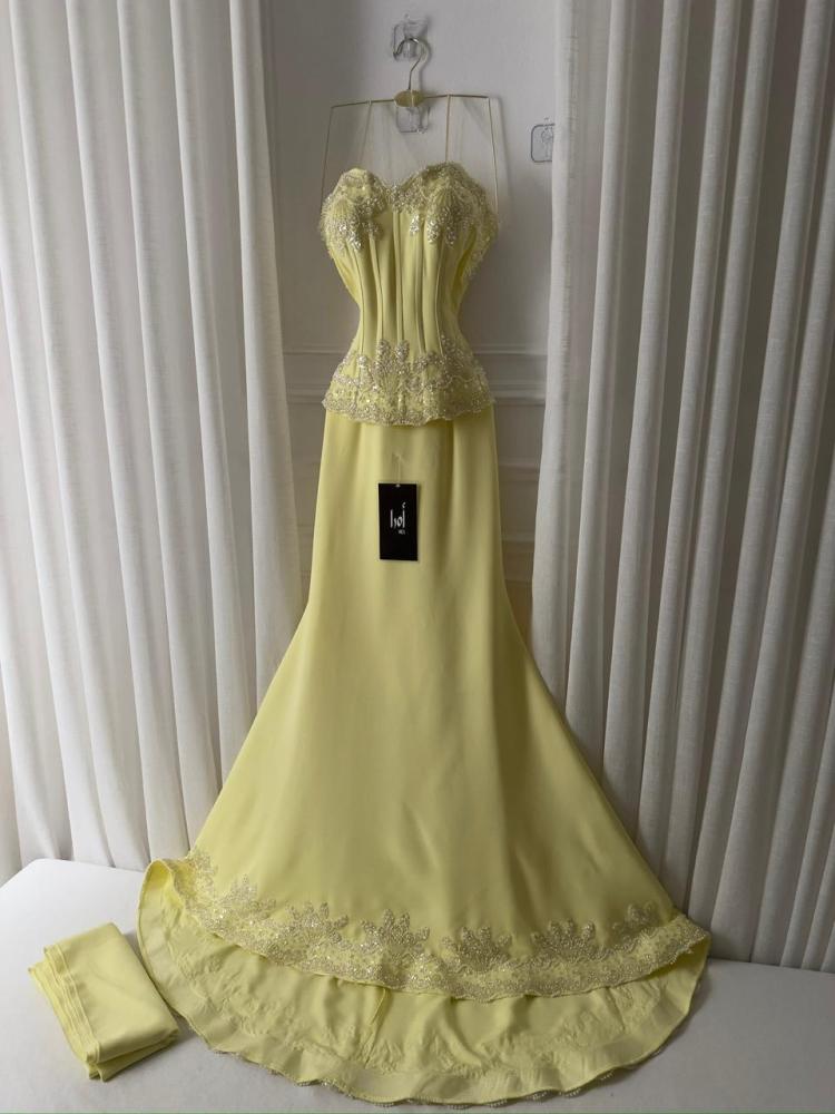 Lemon Barbie dress, corset bodice with sequins, and Barbie shawl