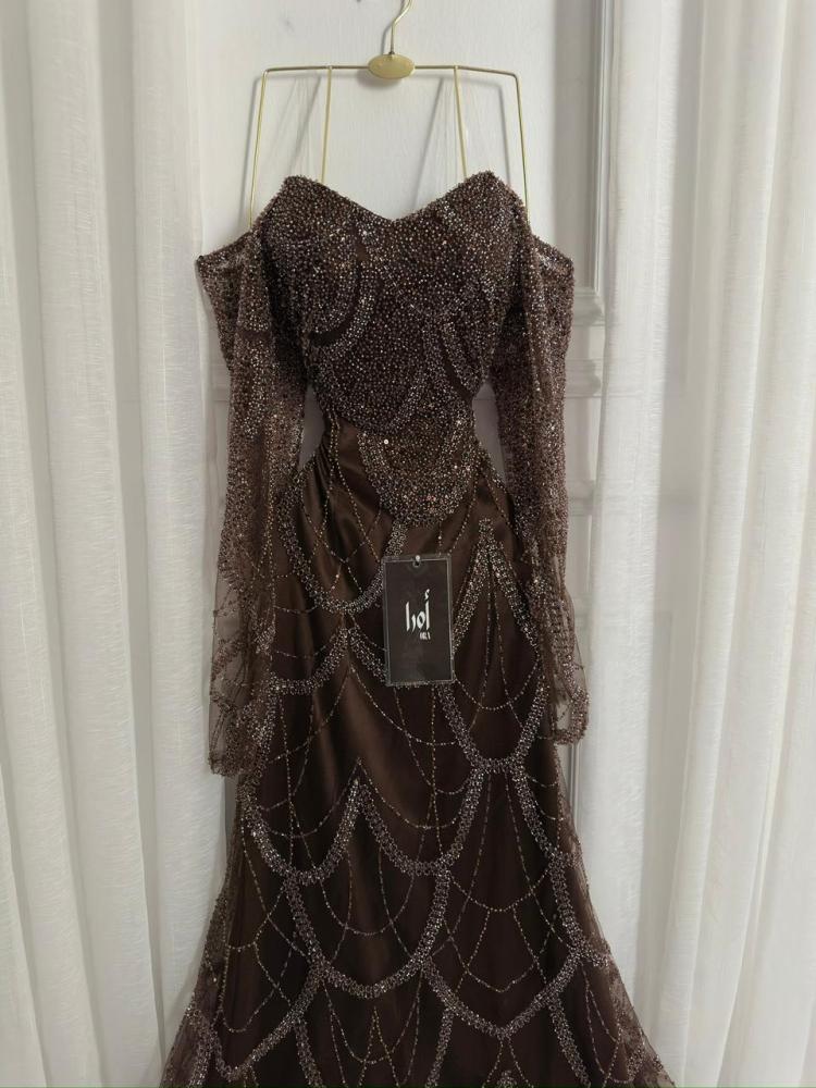 mocha sequin dress Morgan & Co 10212 Fitted Long Formal Sequin Evening Prom Dress