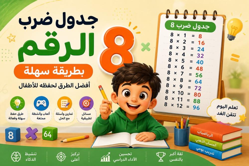 جدول ضرب الرقم 8 بطريقة سهلة