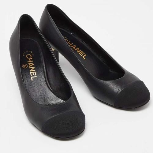 Chanel Black Leather and Fabric Cap Toe Pump