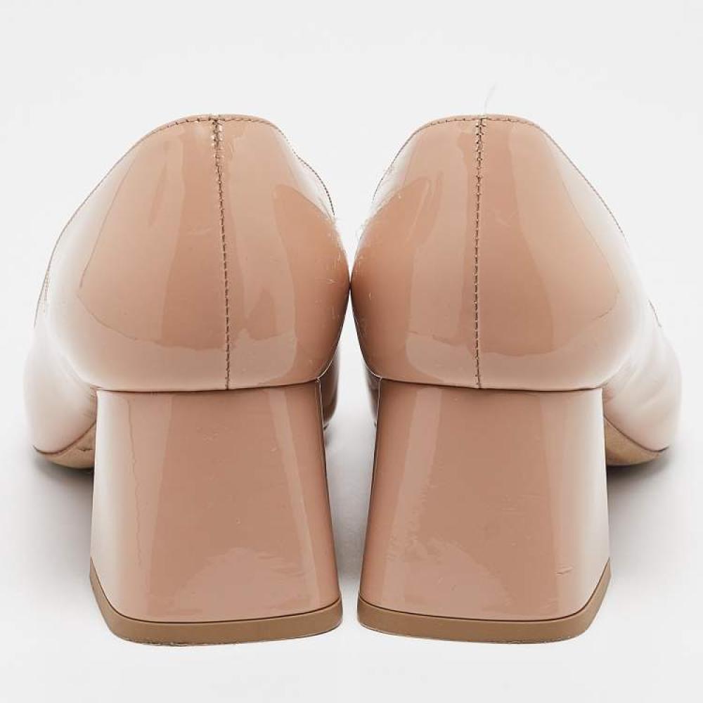 Beige Patent Leather Block Heel Pumps