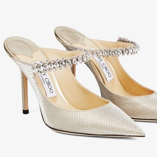 Jimmy Choo Bing 100 Champagne Glitter Fabric Mules...