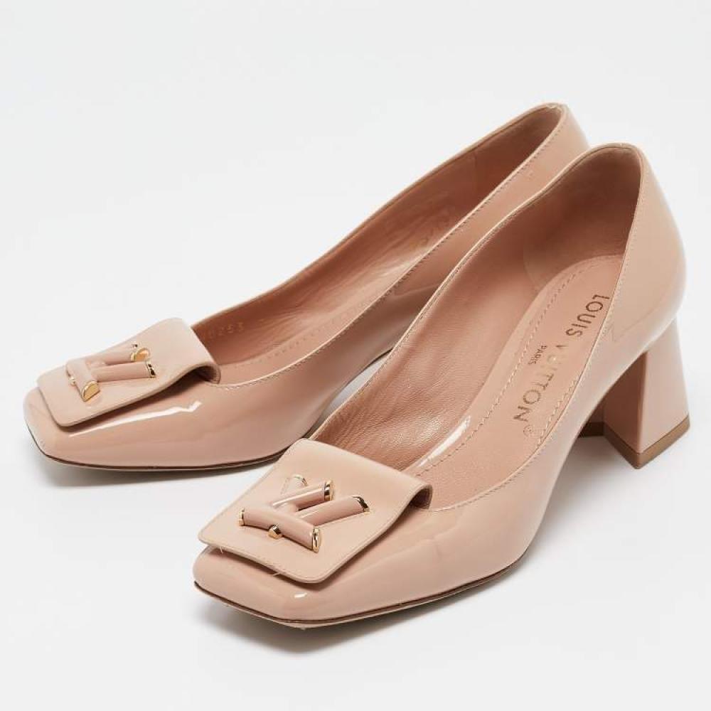 Beige Patent Leather Block Heel Pumps