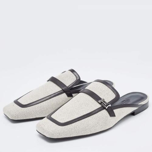 Hermes White/Black Canvas and Leather Groupie Mule...