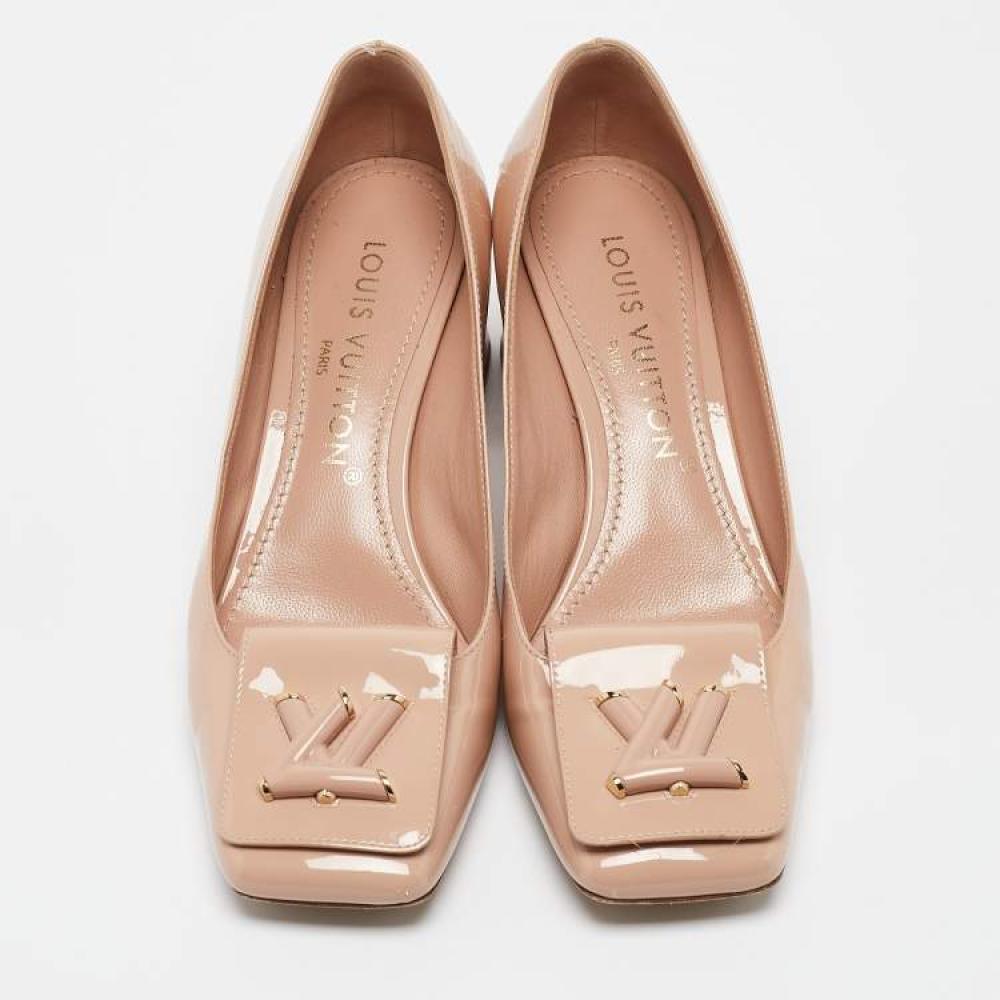 Beige Patent Leather Block Heel Pumps