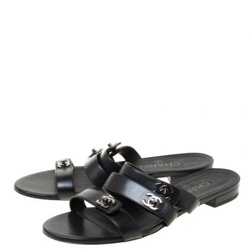 Chanel Black CC Turnlock Leather Triple Strap Flat...