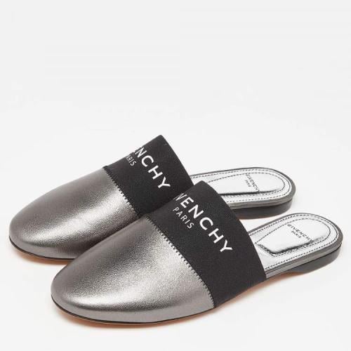 Givenchy Metallic Grey Leather Bedford Flat Mules