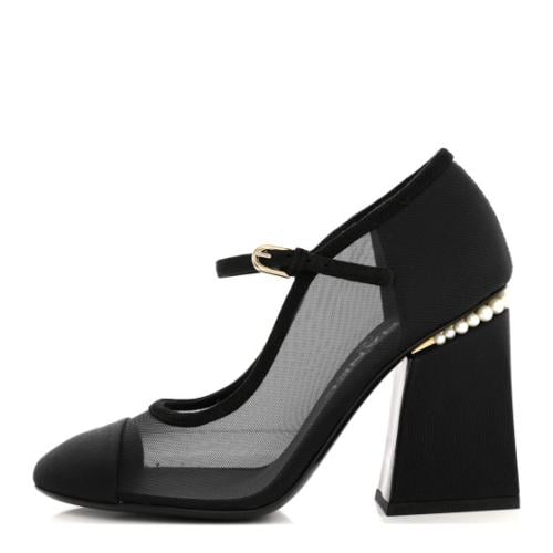 ChSh36 CHANEL Mesh Suede Grosgrain Pearls Cap Toe...