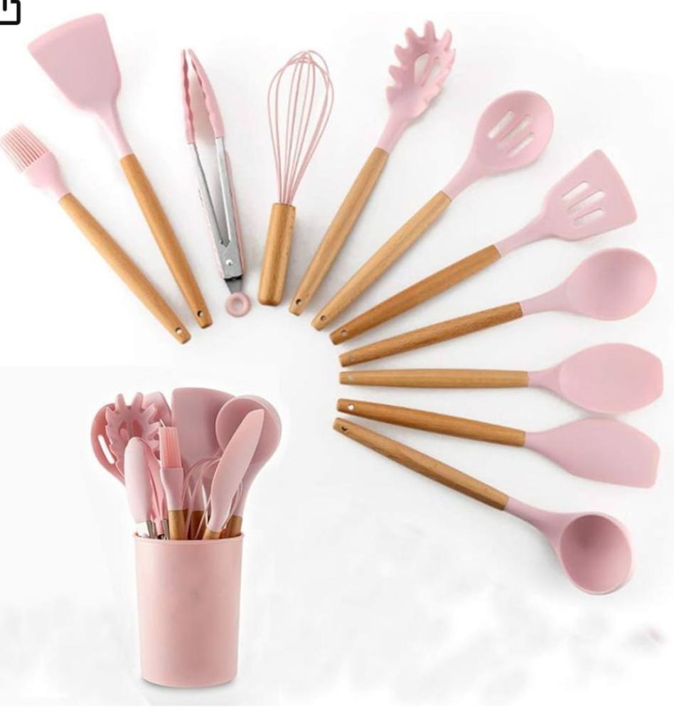 Silicone Kitchen Utensils Set of 12 with Holder Best Kitchen Tools Pink