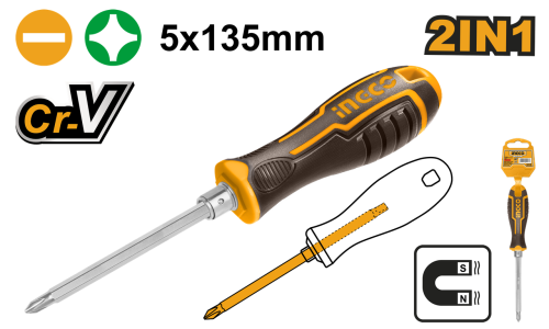 2 In 1 screwdriver set 5X135mm,PH1+SL5 مفك قلاب 2*...