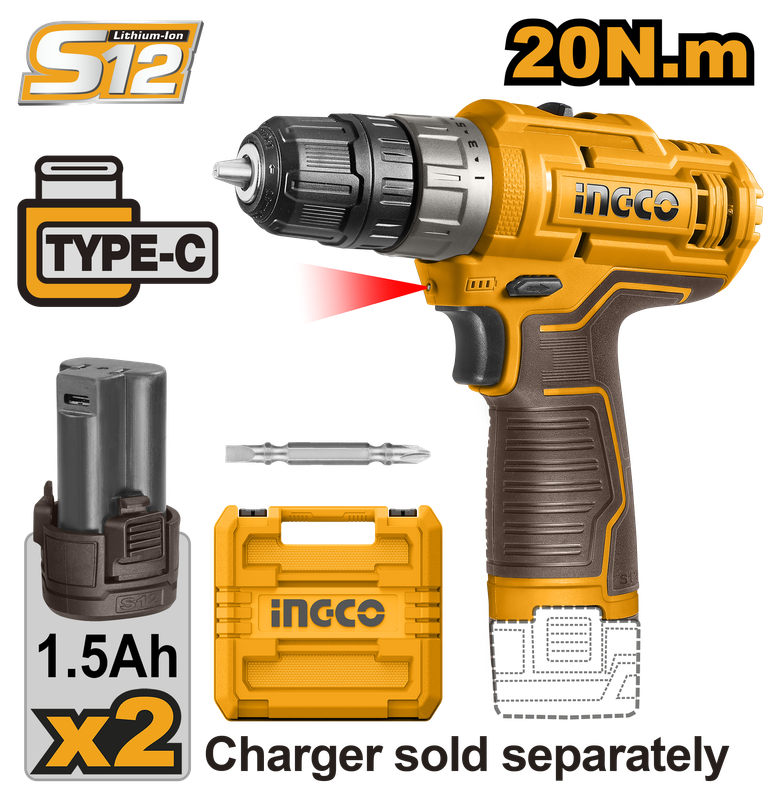 cordless drill 12V & USB Type-C- 2 battery 1.5Ah-20Nm دريل شحن 12 فولت 2 بطارية