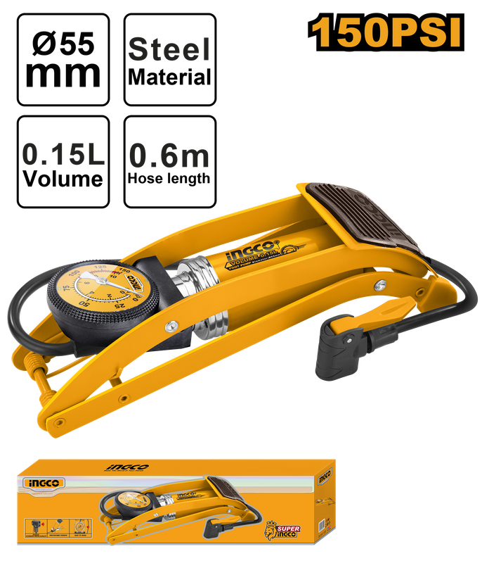 Foot Hand Pump Tire Inflator 150 psi مضخة هواء بالقدم مع ساعة