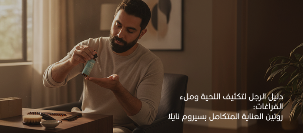 دليل الرجل لتكثيف اللحية وملء الفراغات : روتين العناية المتكامل بسيروم نايلا