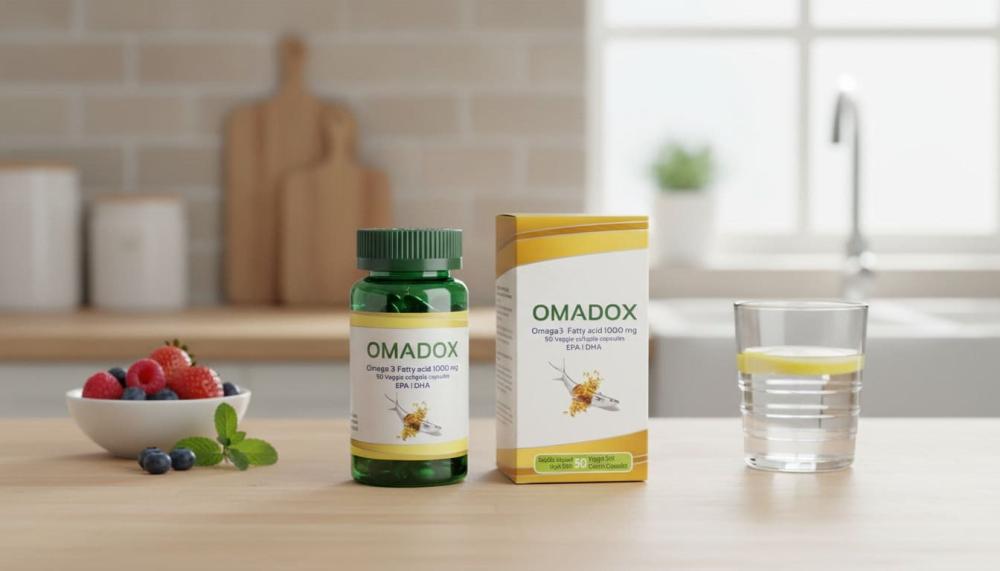 OMADOX مكمل اوميغا 3 في مطبخ صحي يوضح فوائد زيت السمك اليومية