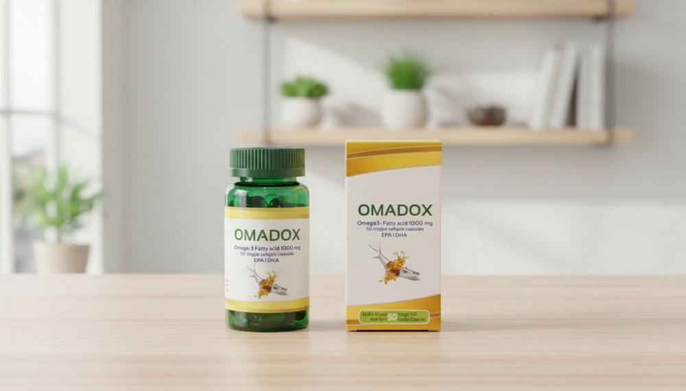 OMADOX أوميغا 3 كخيار من أفضل أوميجا 3 على مكتب خشبي بخلفية هادئة