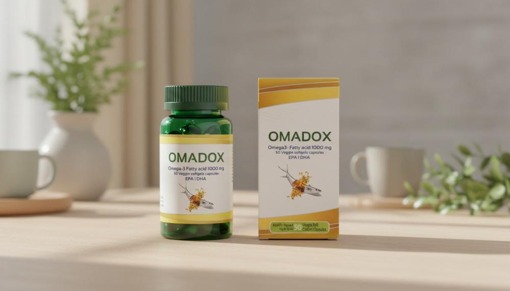 زجاجة وعلبة OMADOX أوميغا 3 لتقوية الذاكرة والتركيز في بيئة منزلية جدا