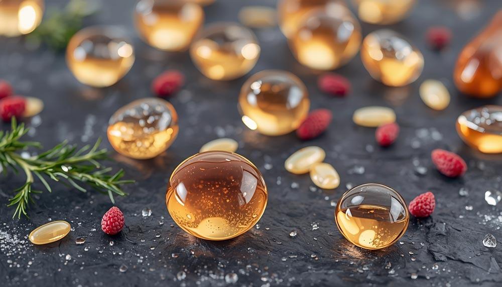 فوائد اميغا 3 للذاكرة مع كبسولات زيتية ضمن مشهد غذائي هادئ