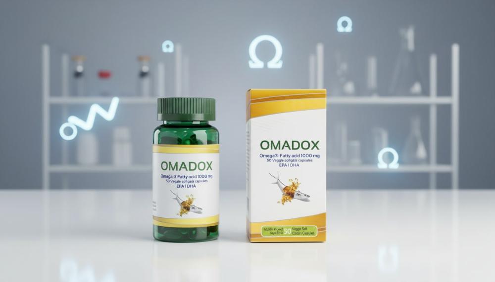 منتج OMADOX اوميغا 3 على خلفية تعليمية لدعم علاج النسيان والتركيز