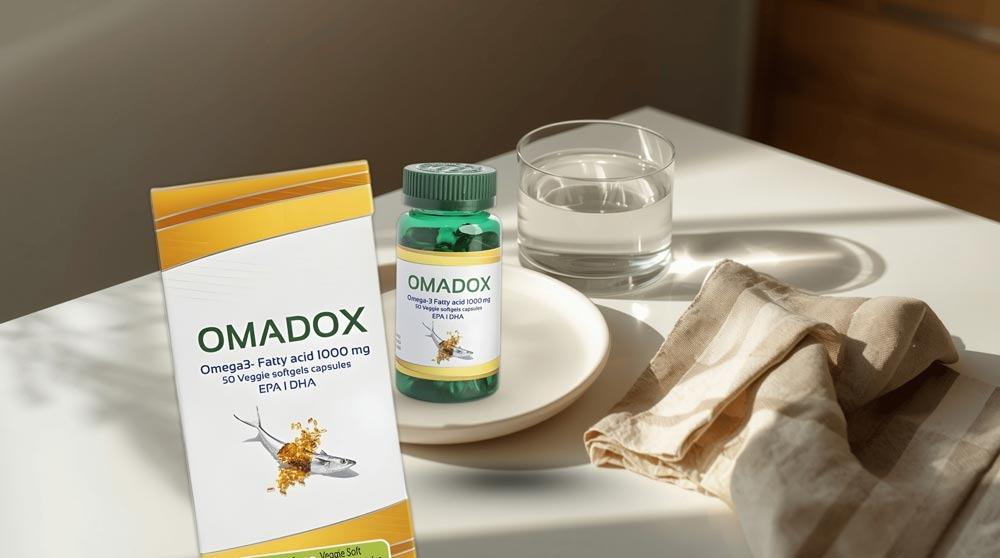 أفضل وقت لتناول أوميغا 3، عبوة أومادوكس، كبسولات مع كوب ماء