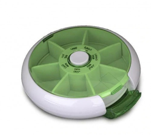 علبة لتنظيم الادوية دائرية اسبوعية مع فتحة من الجنب ابيض واخضر 033