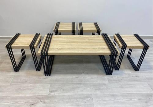 طقم طاولات عصري بإطار معدني - لون خشبي