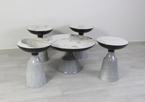 طقم طاولات خدمة سيراميك - 5 قطع - رمادي وأبيض