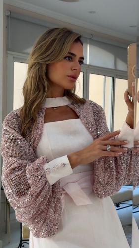 فستان اكمام ترتر مع حزام وردي