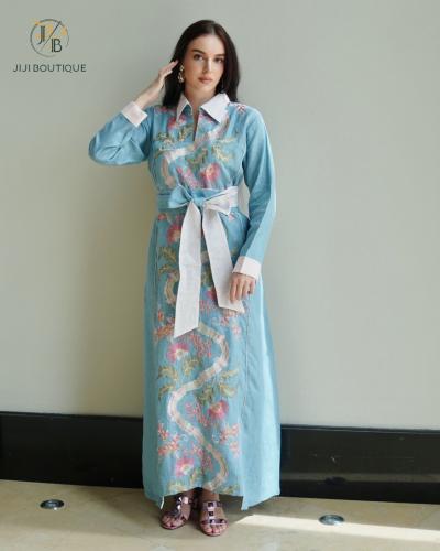 فستان العيد بورود مع حزام - أزرق