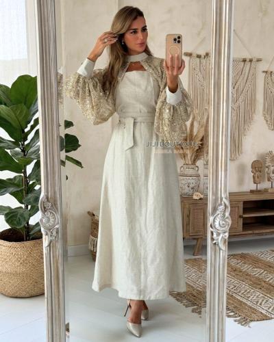 فستان اكمام ترتر مع حزام