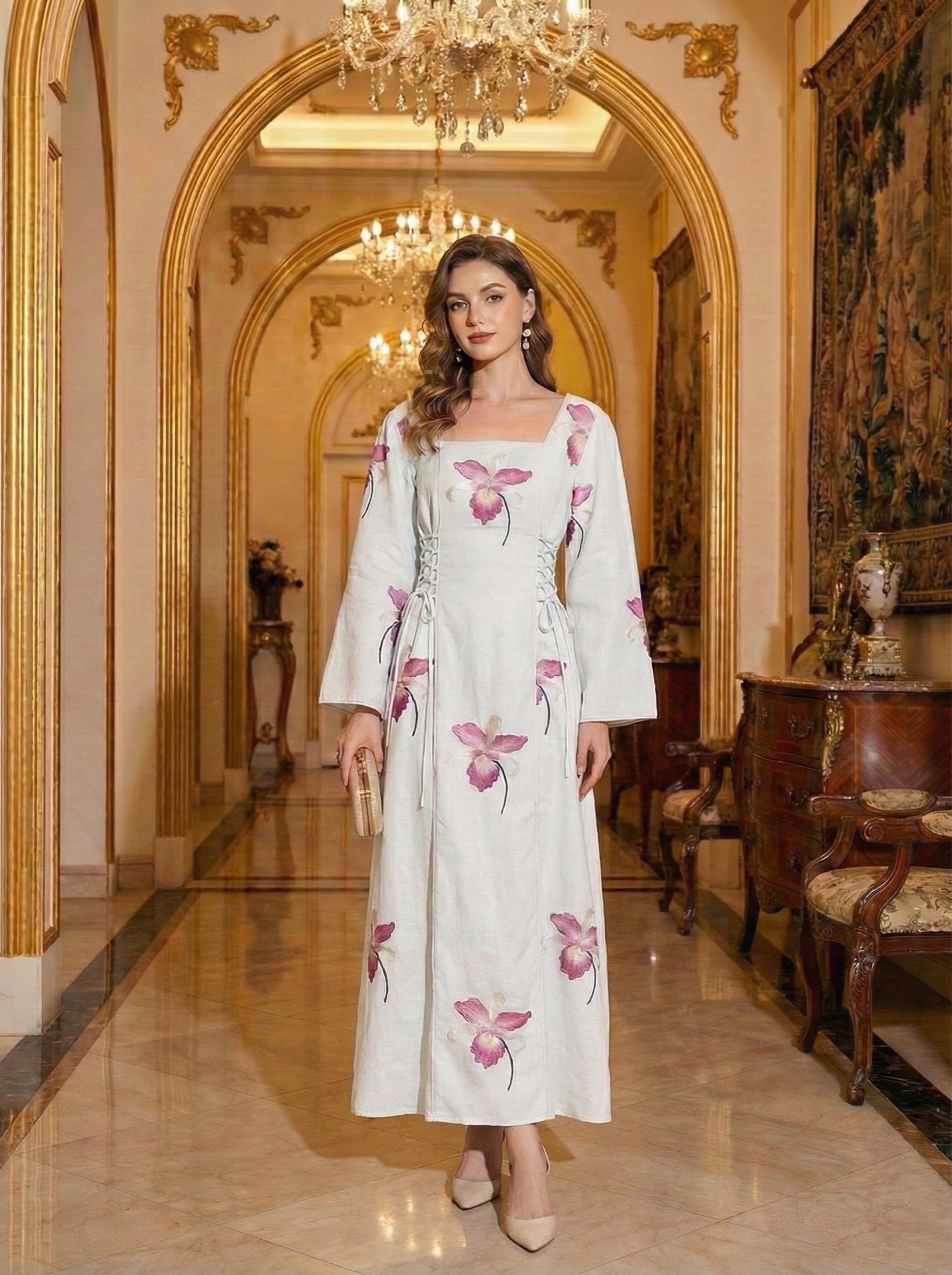 فستان لينن مطرز اوف وايت