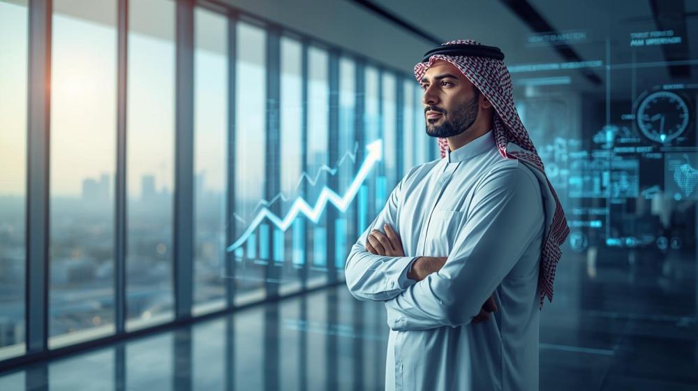 رائد أعمال سعودي يرتدي الثوب والشماغ أمام شاشة تعرض نمو الأعمال والتمو