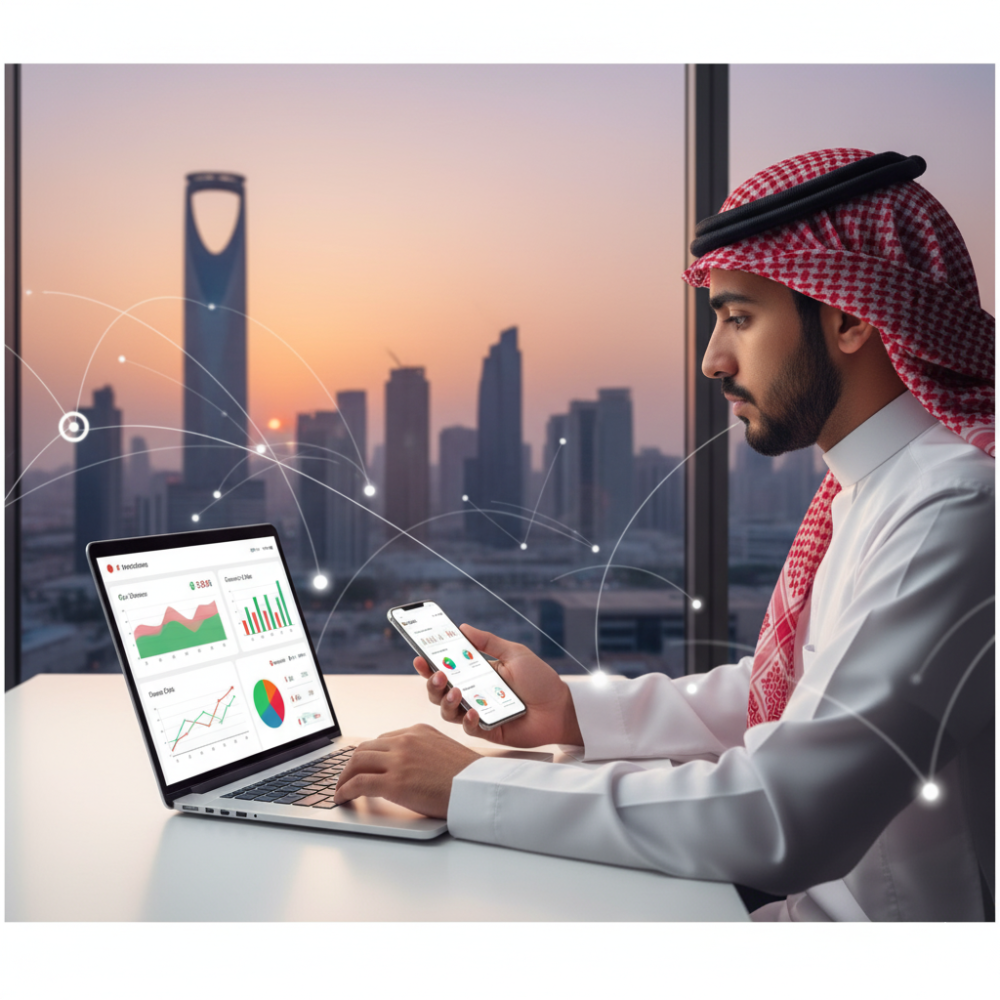 رجل أعمال سعودي يحلل البيانات المالية على حاسوب محمول وهاتف ذكي، مع خل