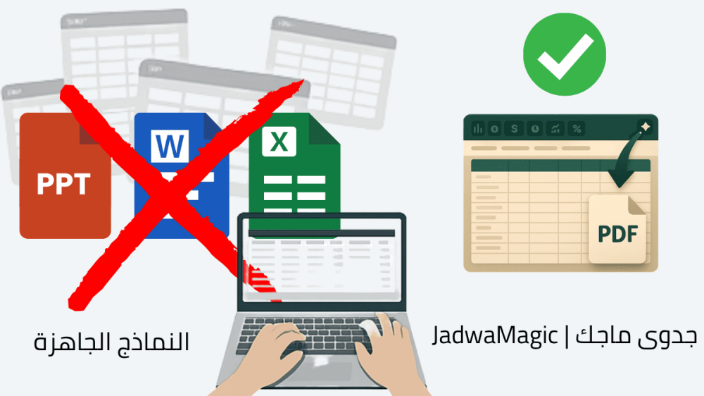 رسم توضيحي يعرض مقارنة بين نموذج دراسة جدوى PDF تقليدي وأداة جدوى ماجك