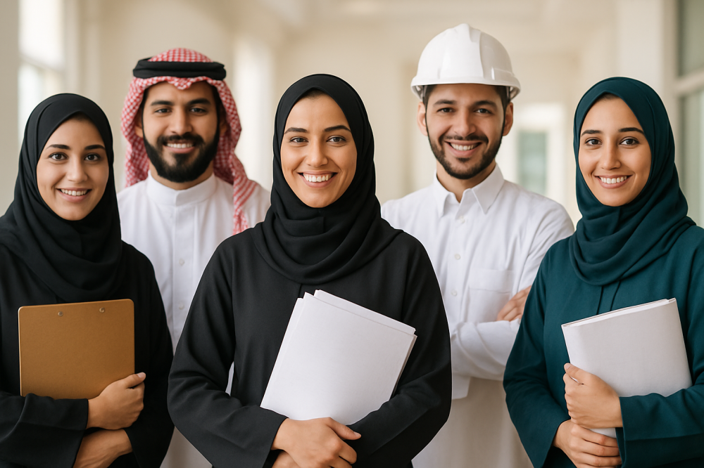 مجموعة من رواد الأعمال السعوديين، رجال ونساء، يرتدون الزي التقليدي، يق