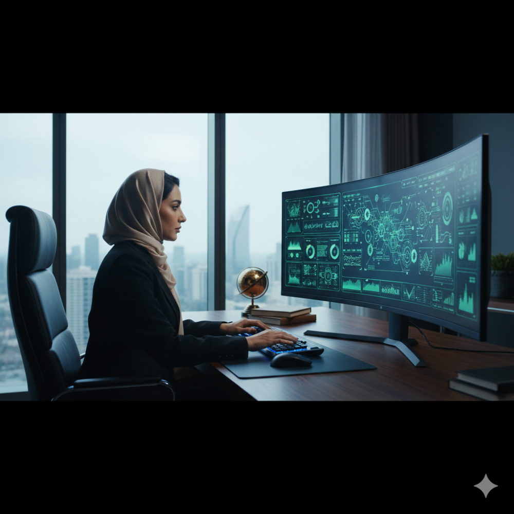 سيدة أعمال تقوم بإعداد دراسة جدوى وتحليل بيانات مالية واستثمارية على ج