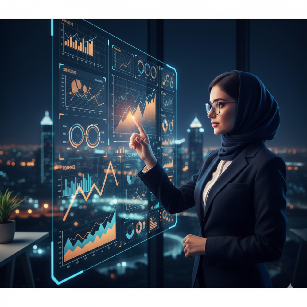 سيدة أعمال عربية واثقة تشير إلى بيانات تحليلية ومخططات نمو مالية على ش