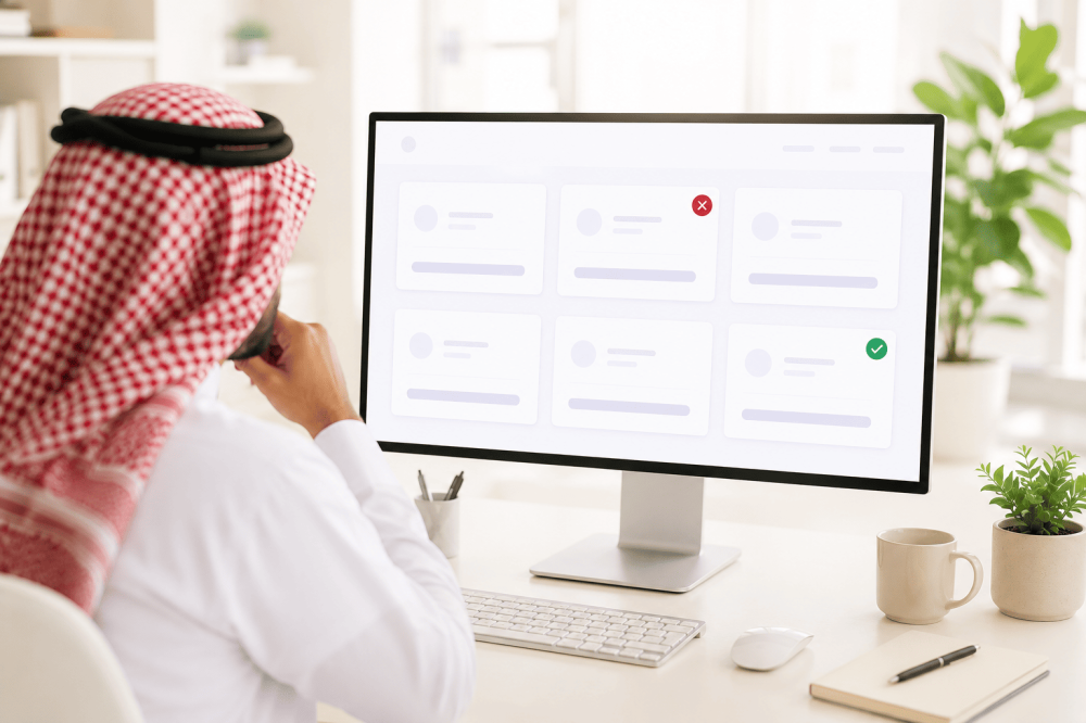 رائد أعمال سعودي يقارن بين عدة أسماء تجارية مقترحة على شاشة رقمية لاخت