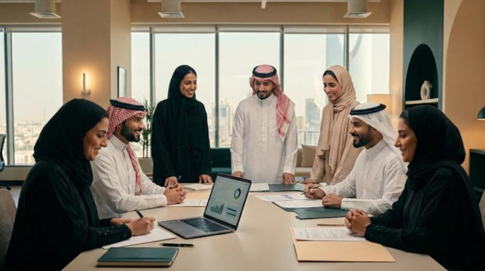 رواد ورائدات أعمال سعوديون يجتمعون في مكتب لمراجعة خطوات تأسيس مشروع ج